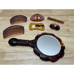 Antique Celluloid Accessories Mirror Hair Clips Combs